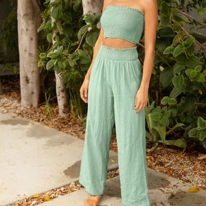 Light mint green tube top crinkle pants set